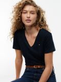 Blue Tricou Slim Fit Tricotat Cu Guler In V  Femei