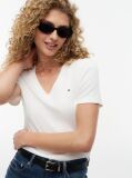 Beige Ribbed V-Neck Slim Fit T-Shirt  Women