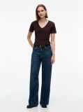 Brown Ribbed V-Neck Slim Fit T-Shirt  Women