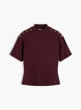 Red Gold-Tone Button Mock Neck T-Shirt  Women
