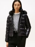 Black Shiny Water Repellent Down Hooded Jacket  Women