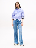 Blue Hanorac Boxy Cu Gluga Si Logo Appliqué Varsity  Femei
