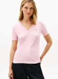 Pink Ribbed V-Neck Slim Fit T-Shirt  Women