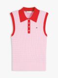 Roz Pulover Polo Fara Maneci Cu Croiala Slim Tricotat Cable  Femei