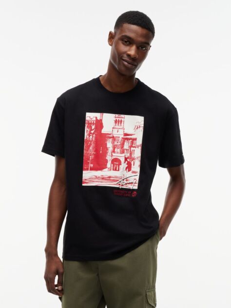 Negru T-Shirt Cu Imprimeu Croiala Lejera Si Guler Crew  Barbati