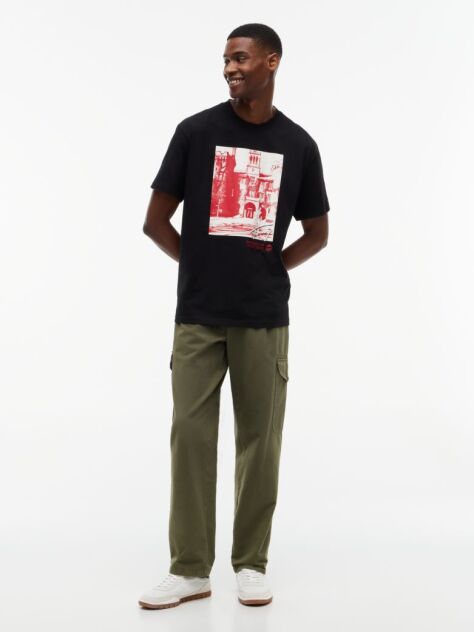 Negru T-Shirt Cu Imprimeu Croiala Lejera Si Guler Crew  Barbati