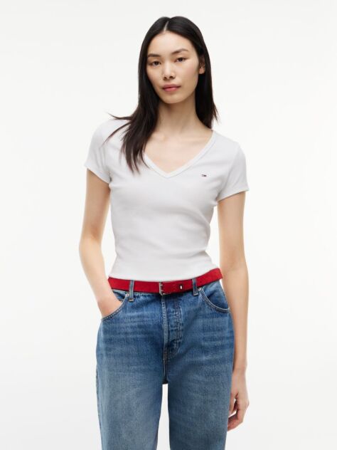 Alb Tricou Essential Slim Fit Cu Guler In V  Femei