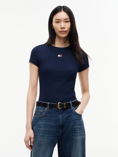 Blue Tommy Badge Ribbed Slim T-Shirt  Women