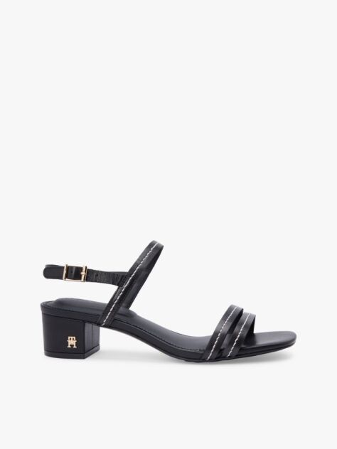 Negru Sandale Cu Toc Gros Si Cusaturi Contrastante Din Piele  Femei