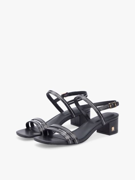 Negru Sandale Cu Toc Gros Si Cusaturi Contrastante Din Piele  Femei