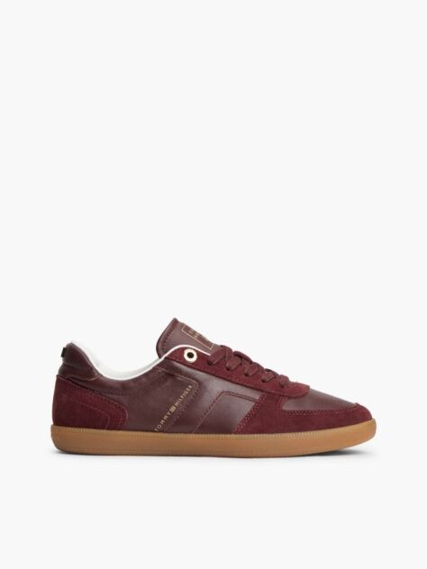Red Leather Mixed Texture Enamel Flag Trainers  Women