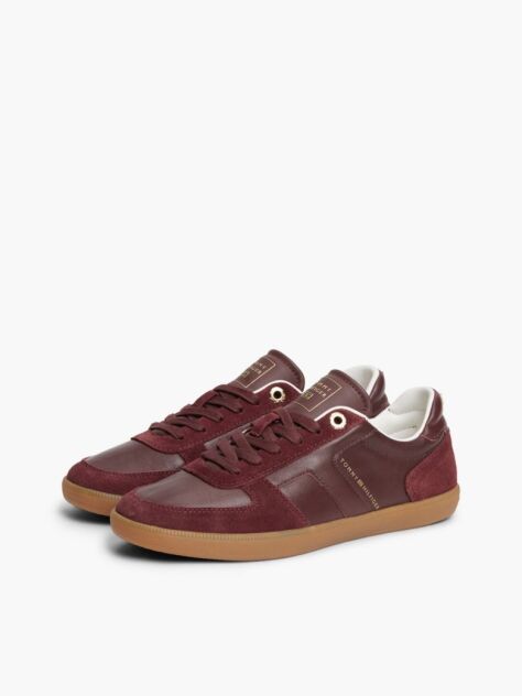 Red Leather Mixed Texture Enamel Flag Trainers  Women