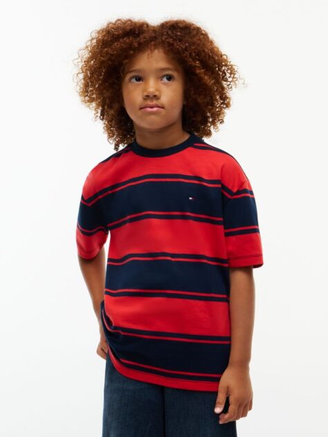 Rosu T-Shirt Din Jerseu Cu Guler Rotund Si Dungi  Baieti