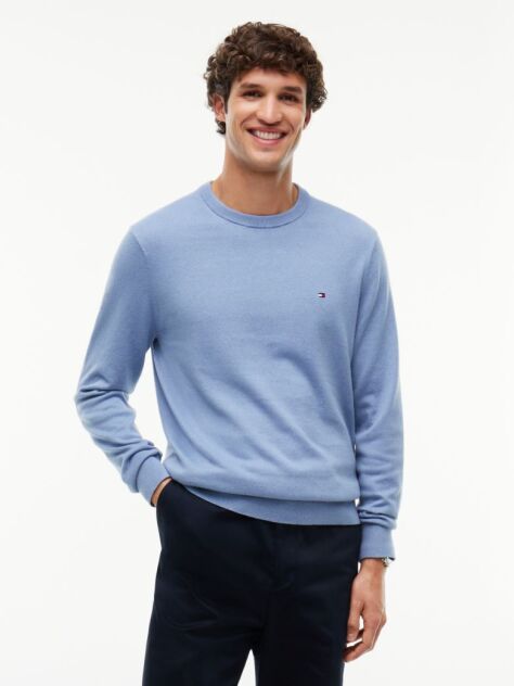 Blue Jumper Din Bumbac Si Casmir Crew Neck  Barbati