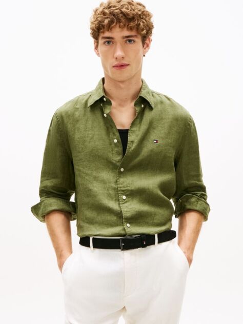 Verde Camasa Din In Pur Pique Washed Cu Croiala Regular  Barbati