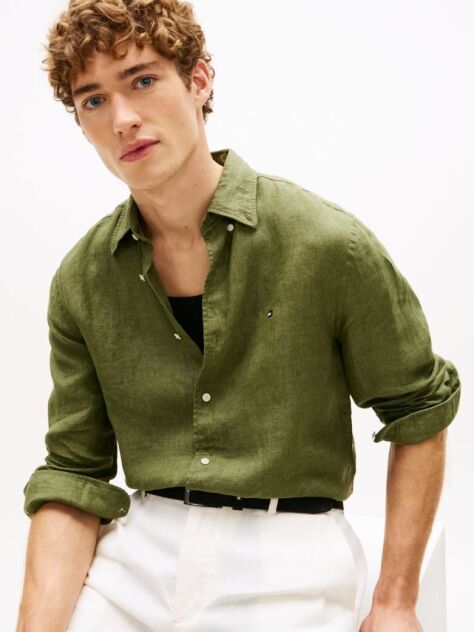 Verde Camasa Din In Pur Pique Washed Cu Croiala Regular  Barbati