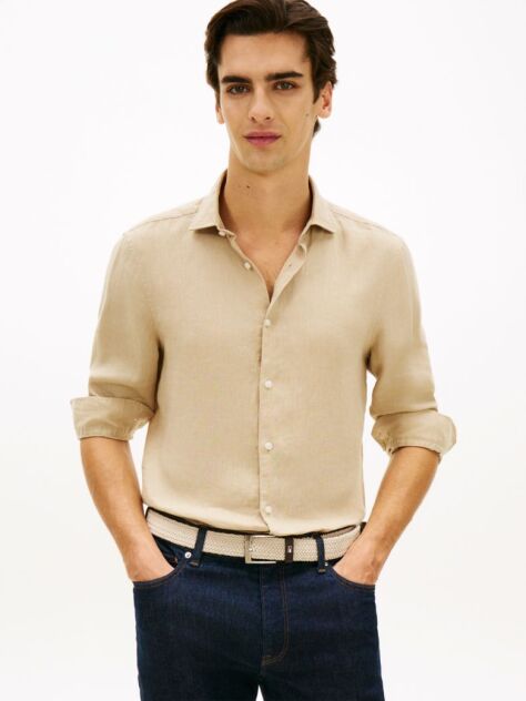Bej Smart Casual Camasa Cu Croiala Slim Din In Pur  Barbati
