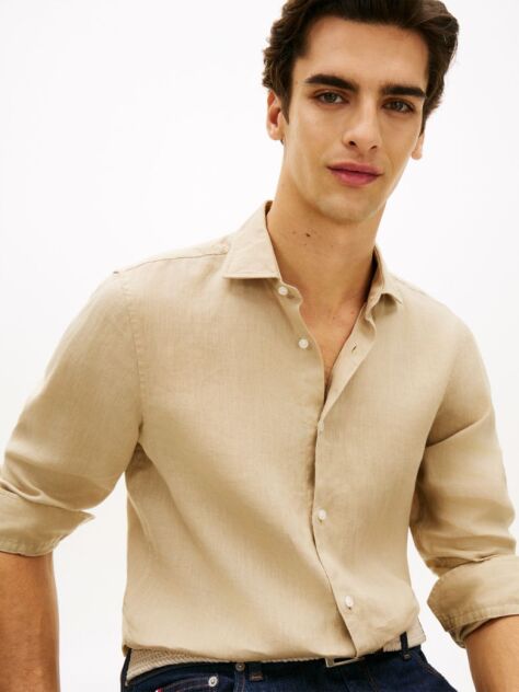 Bej Smart Casual Camasa Cu Croiala Slim Din In Pur  Barbati