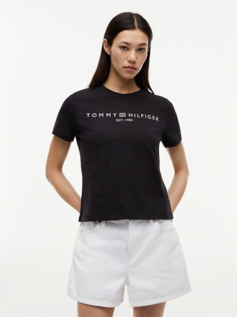 Negru Tricou Cu Logo Si Guler Rotund  Femei
