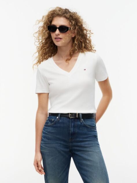 Bej Tricou Slim Fit Tricotat Cu Guler In V  Femei