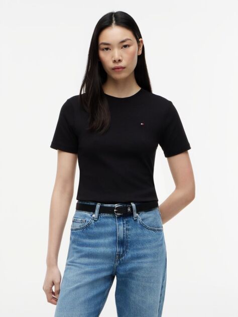 Negru Tricou Cu Nervuri Slim Fit Cu Steag Brodat  Femei