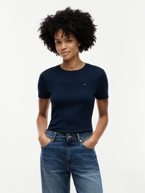 Blue Tricou Cu Nervuri Slim Fit Cu Steag Brodat  Femei
