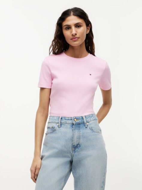 Pink Flag Embroidery Ribbed Slim T-Shirt  Women