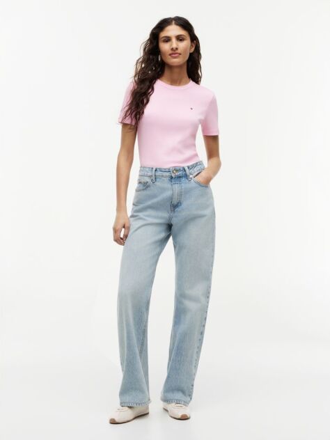 Pink Flag Embroidery Ribbed Slim T-Shirt  Women
