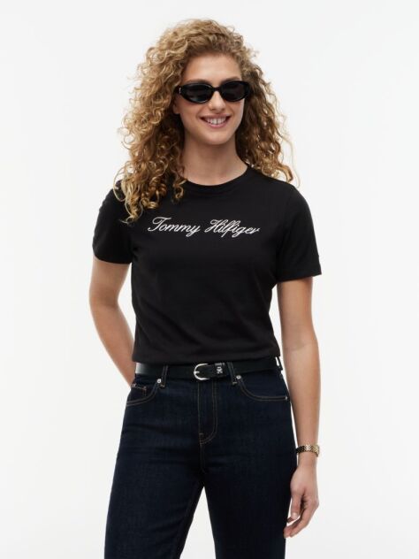 Negru Tricou Regular Cu Guler Crew  Femei