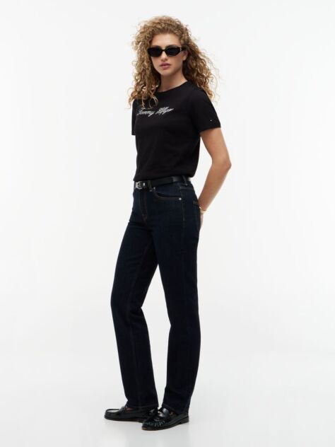 Negru Tricou Regular Cu Guler Crew  Femei