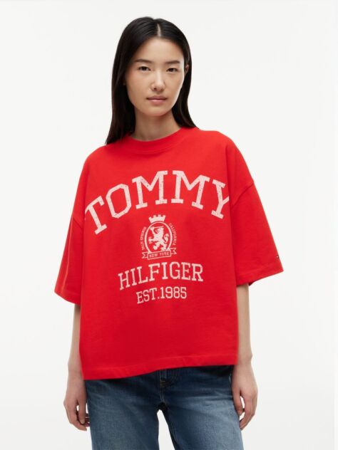 Rosu Tricou Oversized Crest Cu Croiala Lejera  Femei