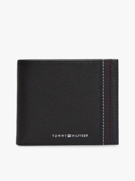 Negru Portofel Bifold Din Piele Cu Clapa Si Logo  Barbati