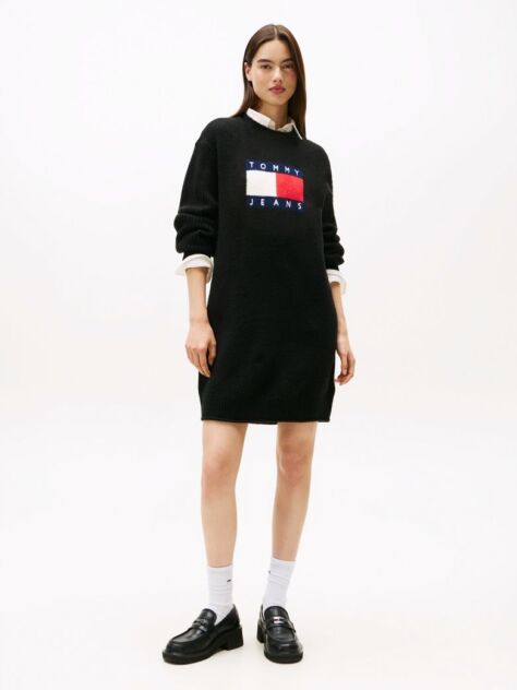 Negru Rochie Pulover Mini Cu Emblema Tommy Flag  Femei