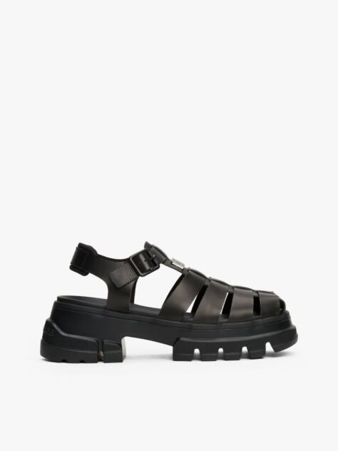 Black Leather Chunky Cleat Fisherman Sandals  Women