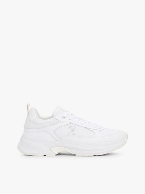 White Leather Mixed Texture Chunky Trainers  Women