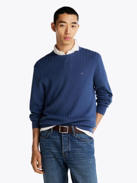 Blue Jumper Cu Guler Rotund Din Tricot Heringbone  Barbati