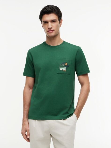 Verde T-Shirt Cu Model Floral Pe Buzunar  Barbati
