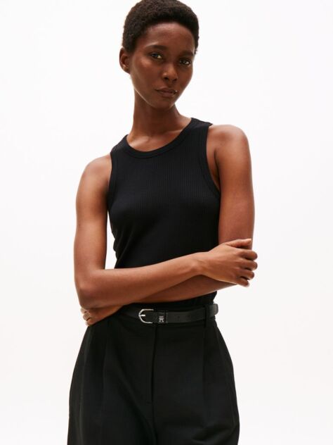 Negru Tricou Cu Nervuri Slim  Femei