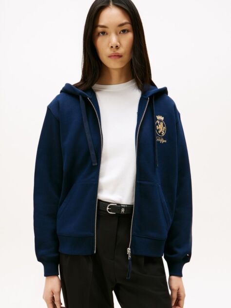 Blue Hanorac Cu Fermoar Si Broderie TH Crest  Femei