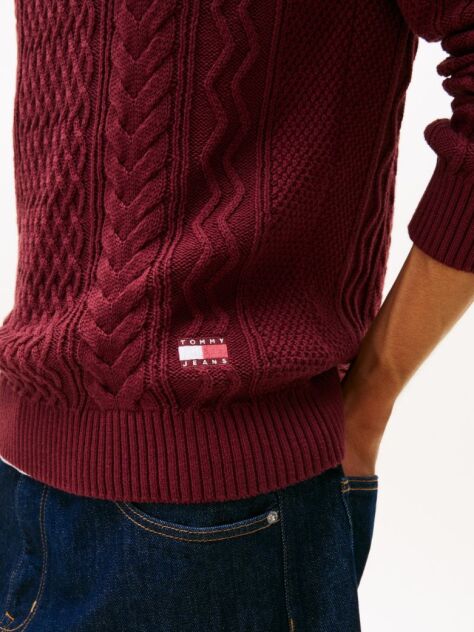 Rosu Pulover Slim Tricotat Cu Model Cable Si Emblema Tommy  Barbati