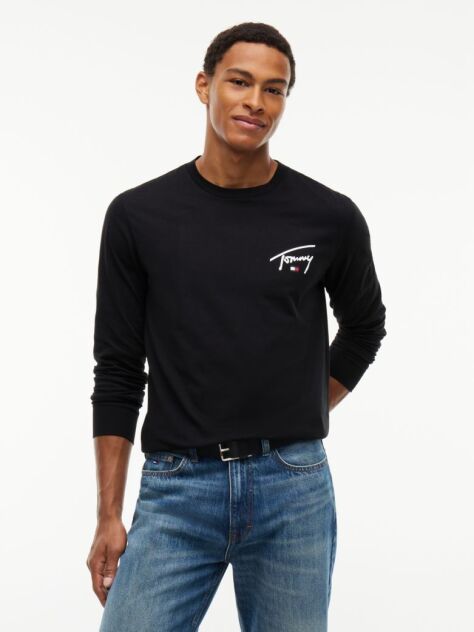 Negru T-Shirt Cu Maneca Lunga Croiala Slim Si Logo Signature  Barbati