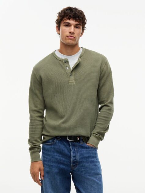 Verde T-Shirt Cu Maneca Lunga Tricotat Uzat   Barbati