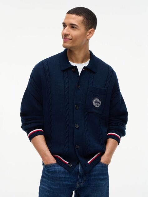 Blue Cardigan Tricotat Cu Croiala Lejera Si Guler Polo  Barbati