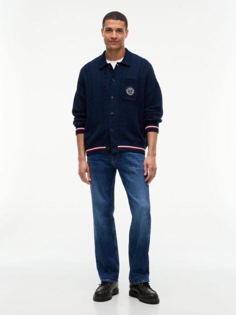 Blue Cardigan Tricotat Cu Croiala Lejera Si Guler Polo  Barbati