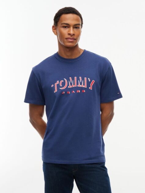 Blue T-Shirt Cu Guler Rotund Croiala Lejera Si Logo  Barbati
