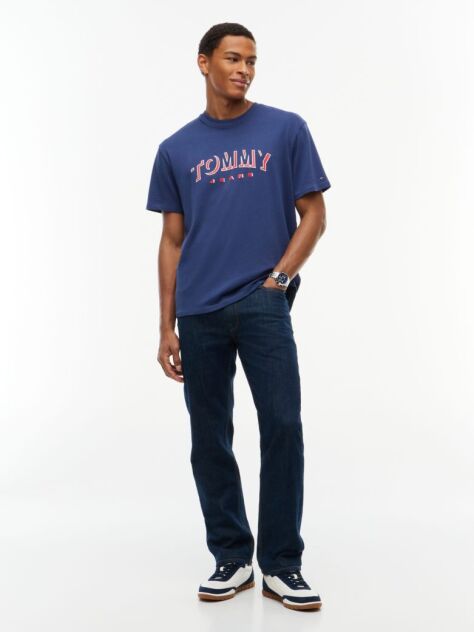 Blue T-Shirt Cu Guler Rotund Croiala Lejera Si Logo  Barbati