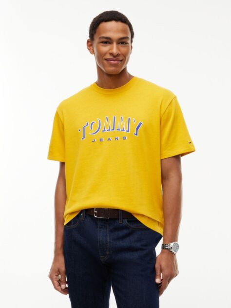 Galben T-Shirt Cu Guler Rotund Croiala Lejera Si Logo  Barbati