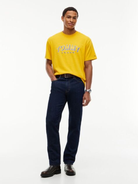Galben T-Shirt Cu Guler Rotund Croiala Lejera Si Logo  Barbati