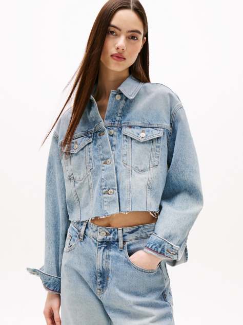 Denim Jacheta Denim Cropped Oversized Cu Logo Pe Spate  Femei