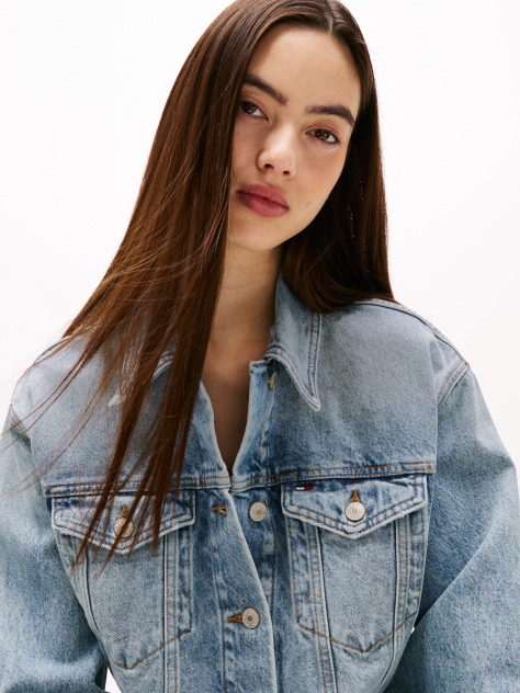 Denim Jacheta Denim Cropped Oversized Cu Logo Pe Spate  Femei